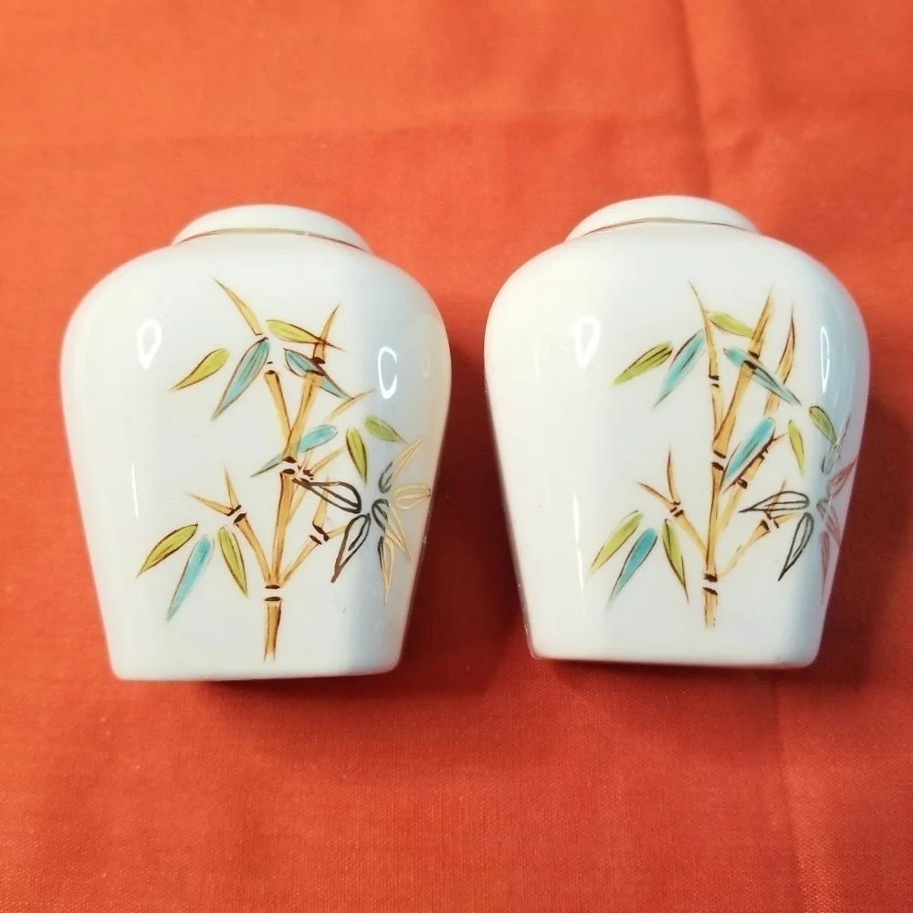 White Bamboo Design Salt and Pepper Shakers, Oriental Country Cottagecore Style